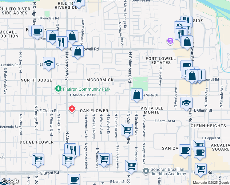map of restaurants, bars, coffee shops, grocery stores, and more near 4213 East Monte Vista Drive in Tucson