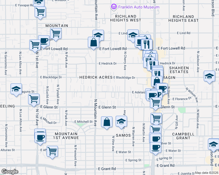 map of restaurants, bars, coffee shops, grocery stores, and more near 1416 East Blacklidge Drive in Tucson