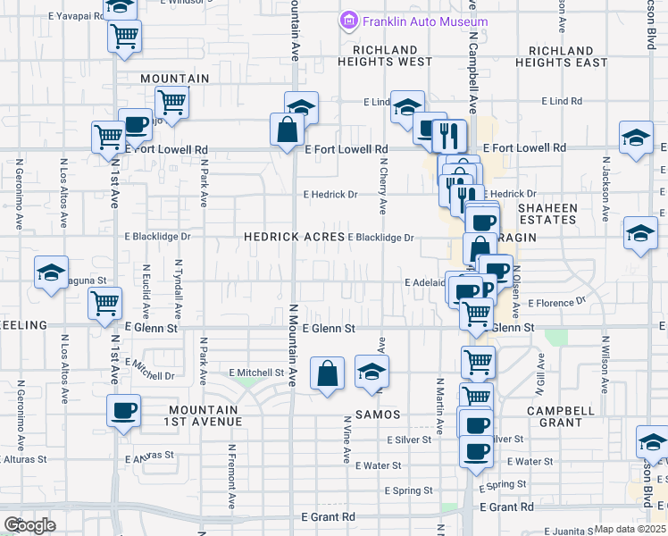 map of restaurants, bars, coffee shops, grocery stores, and more near 1416 East Blacklidge Drive in Tucson