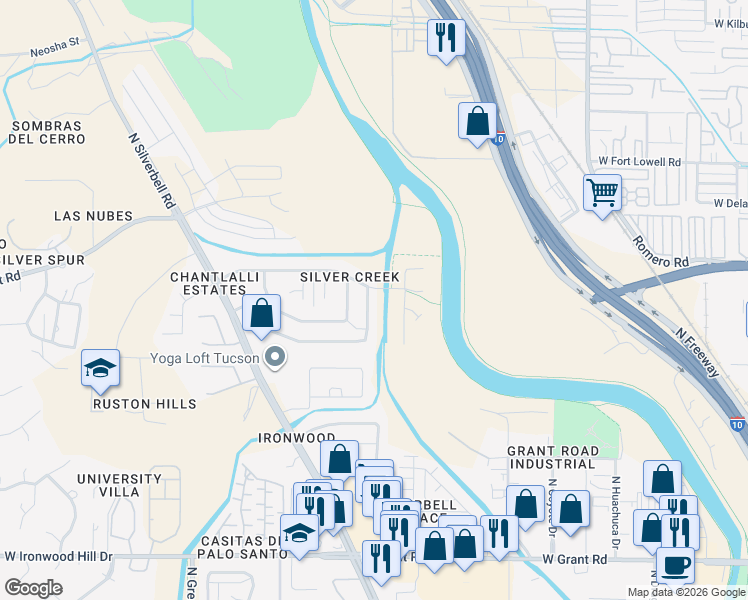 map of restaurants, bars, coffee shops, grocery stores, and more near 2947 North Silver Island Way in Tucson