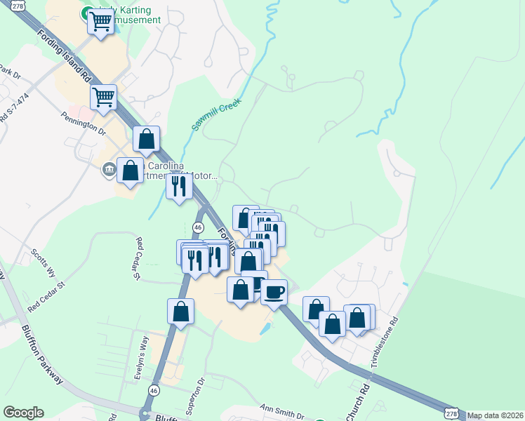 map of restaurants, bars, coffee shops, grocery stores, and more near 2 Carrington Point in Bluffton