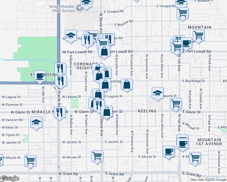 map of restaurants, bars, coffee shops, grocery stores, and more near 2931 North Estrella Avenue in Tucson