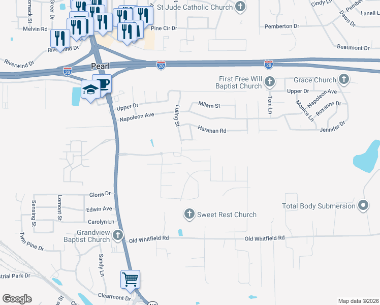map of restaurants, bars, coffee shops, grocery stores, and more near 2334 Larose Street in Pearl