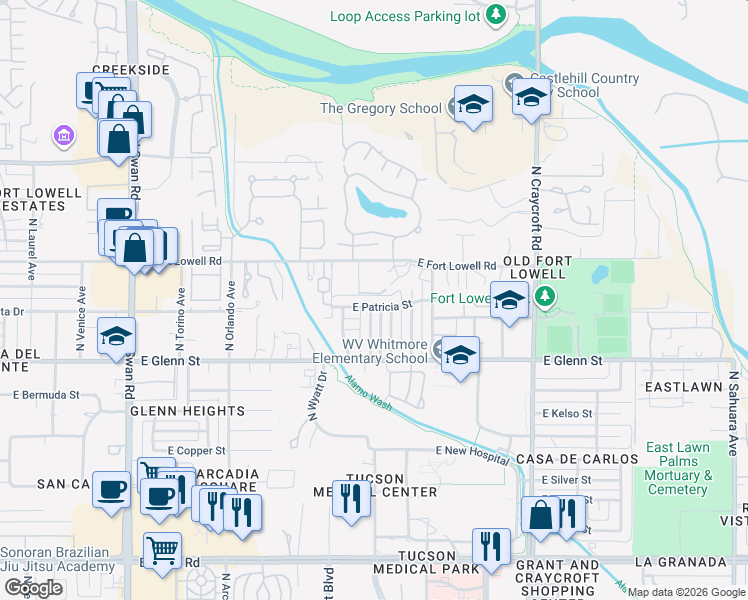 map of restaurants, bars, coffee shops, grocery stores, and more near 5180 East Fort Lowell Road in Tucson