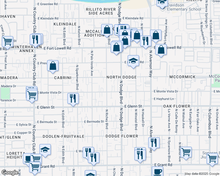 map of restaurants, bars, coffee shops, grocery stores, and more near 2940 North Richey Boulevard in Tucson