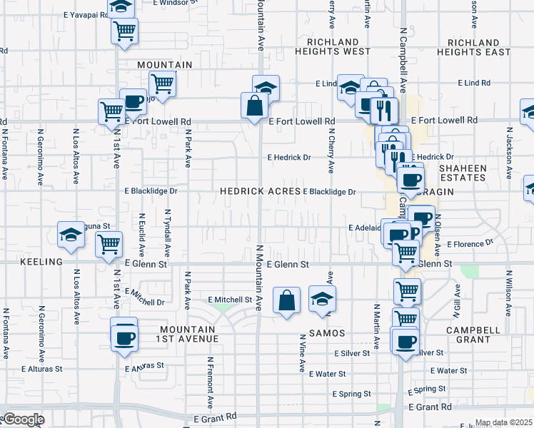 map of restaurants, bars, coffee shops, grocery stores, and more near 2938 North Mountain Avenue in Tucson