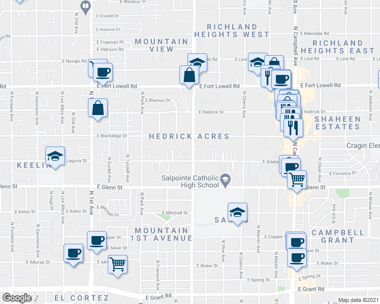 map of restaurants, bars, coffee shops, grocery stores, and more near 2938 North Mountain Avenue in Tucson