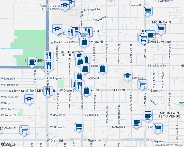 map of restaurants, bars, coffee shops, grocery stores, and more near 2931 North Estrella Avenue in Tucson