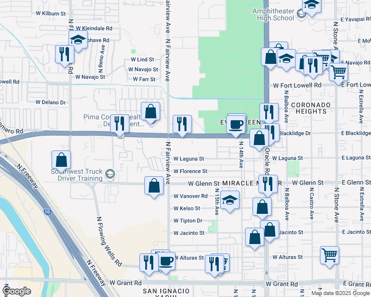 map of restaurants, bars, coffee shops, grocery stores, and more near 801 West Miracle Mile in Tucson