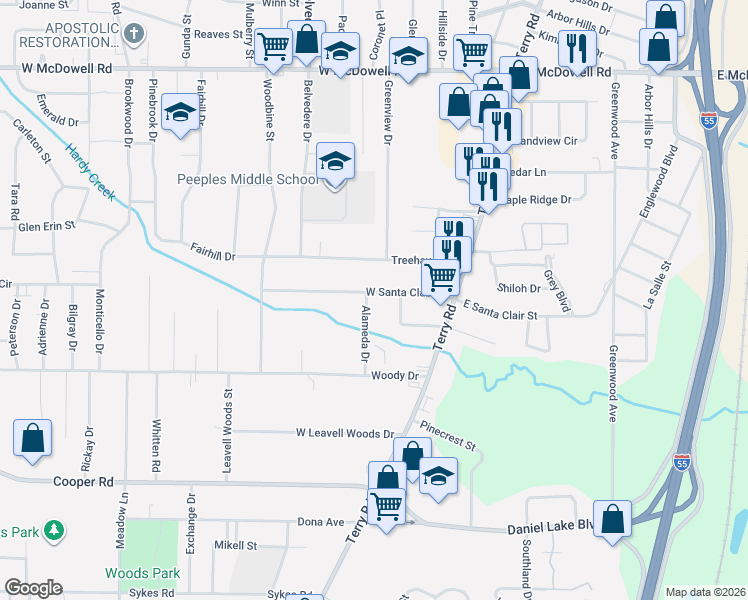map of restaurants, bars, coffee shops, grocery stores, and more near 184 West Santa Clair Street in Jackson