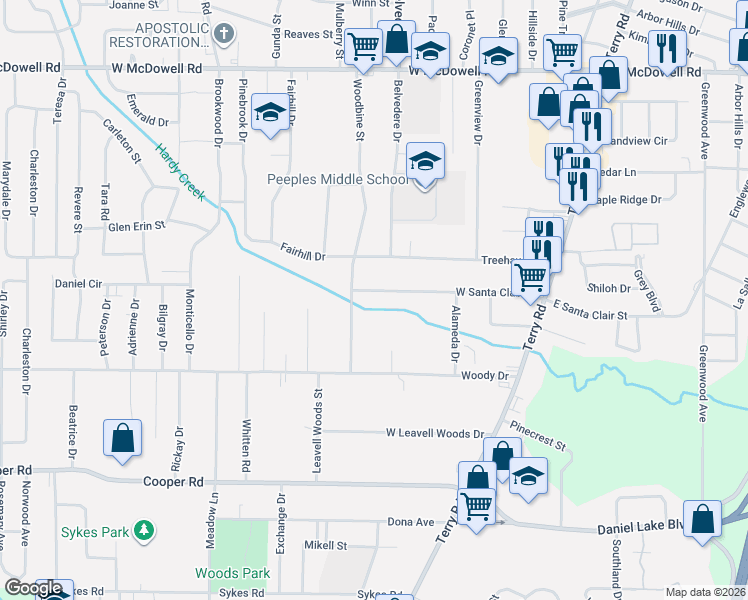 map of restaurants, bars, coffee shops, grocery stores, and more near 311 West Santa Clair Street in Jackson