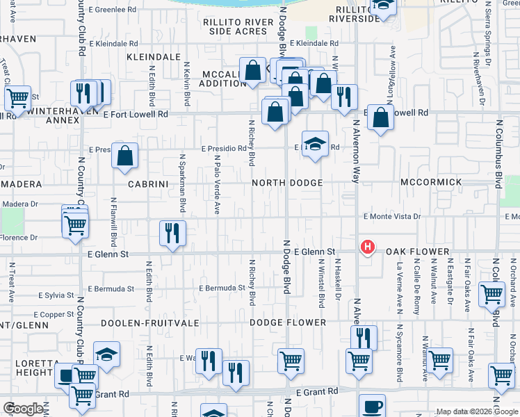 map of restaurants, bars, coffee shops, grocery stores, and more near 2920 North Richey Boulevard in Tucson