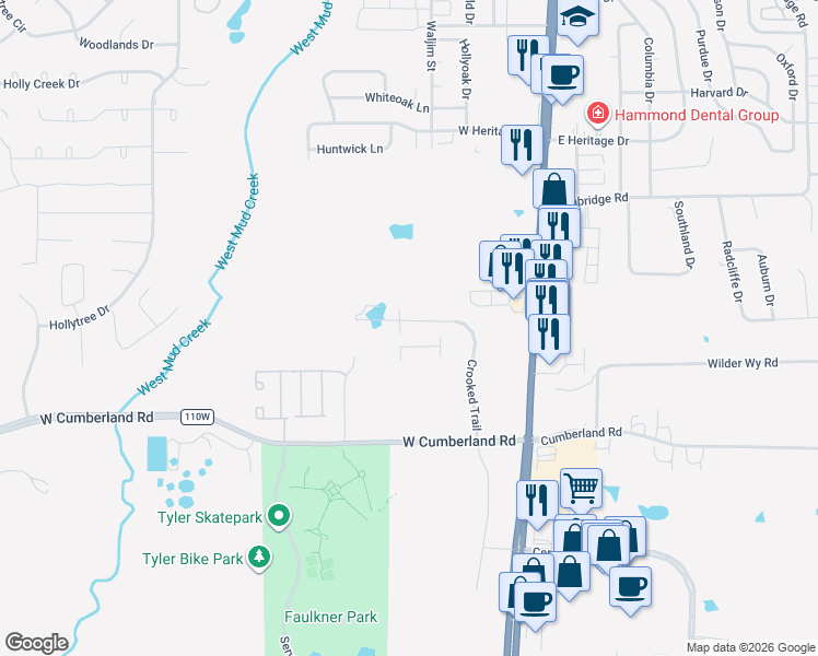 map of restaurants, bars, coffee shops, grocery stores, and more near Shore Crest Drive in Tyler