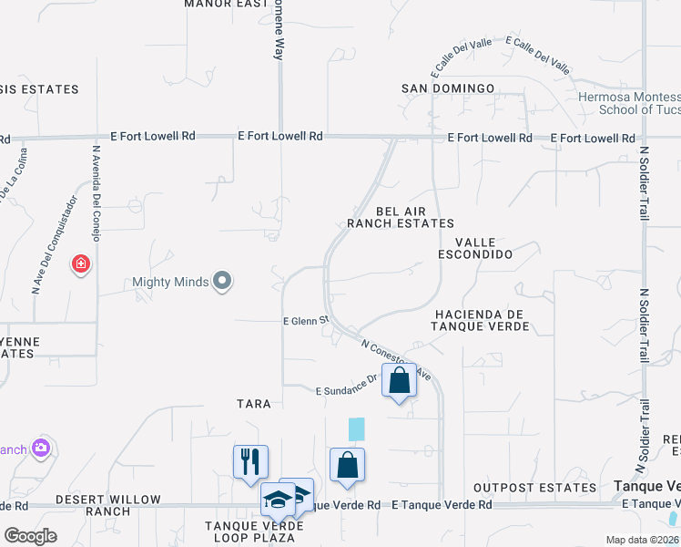 map of restaurants, bars, coffee shops, grocery stores, and more near 2920 North Conestoga Avenue in Tucson