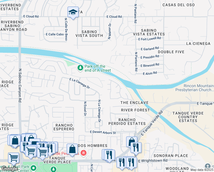 map of restaurants, bars, coffee shops, grocery stores, and more near 7725 East Hartwick Court in Tucson