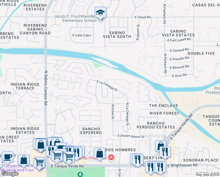 map of restaurants, bars, coffee shops, grocery stores, and more near 7500 East La Cienega Drive in Tucson