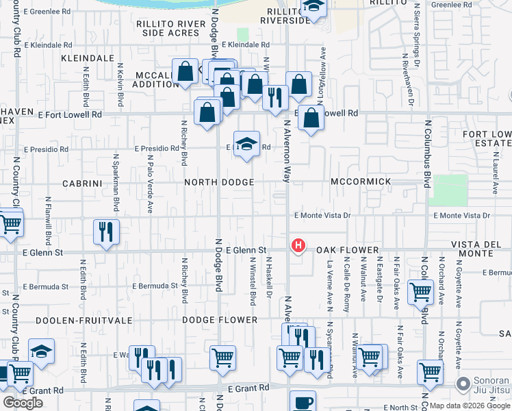 map of restaurants, bars, coffee shops, grocery stores, and more near 3822 East Blacklidge Drive in Tucson