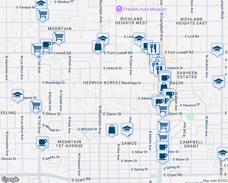 map of restaurants, bars, coffee shops, grocery stores, and more near 1416 East Blacklidge Drive in Tucson