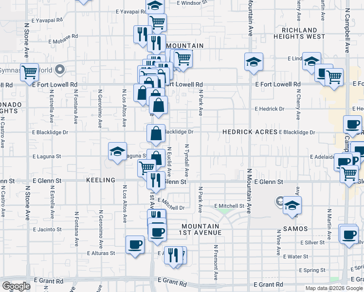 map of restaurants, bars, coffee shops, grocery stores, and more near 2936 North Tyndall Avenue in Tucson