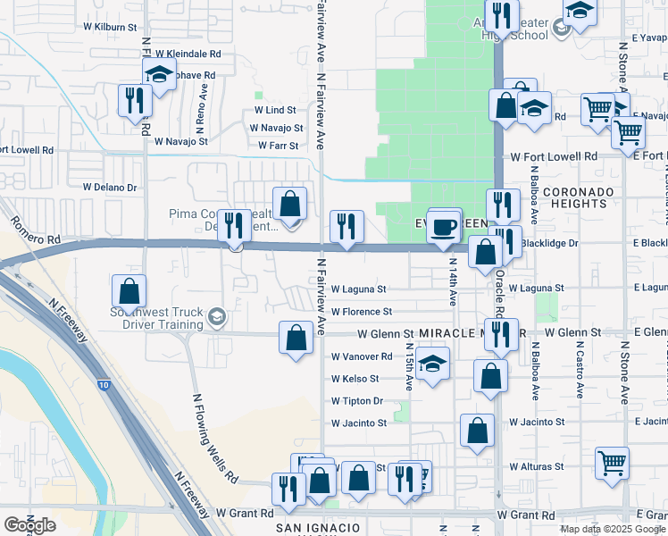 map of restaurants, bars, coffee shops, grocery stores, and more near in Tucson