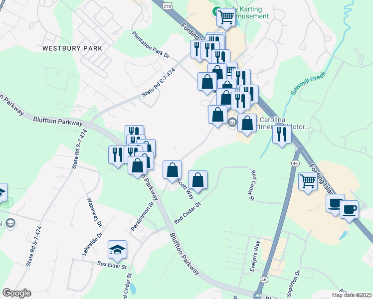 map of restaurants, bars, coffee shops, grocery stores, and more near 20-36 Persimmon Street in Bluffton