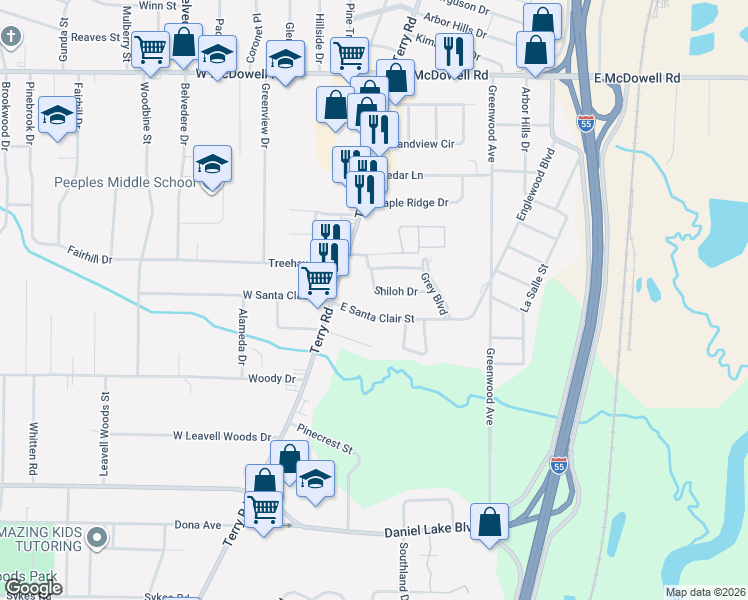map of restaurants, bars, coffee shops, grocery stores, and more near 205 Shiloh Drive in Jackson