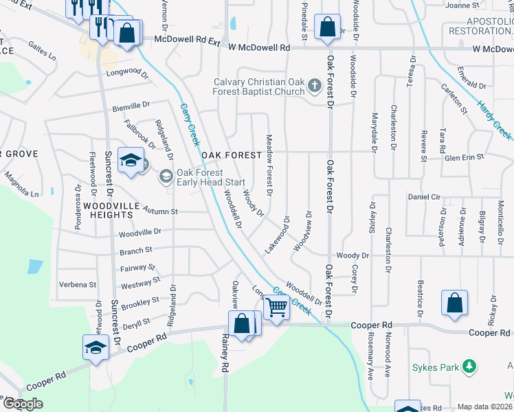 map of restaurants, bars, coffee shops, grocery stores, and more near 1340 Woody Drive in Jackson