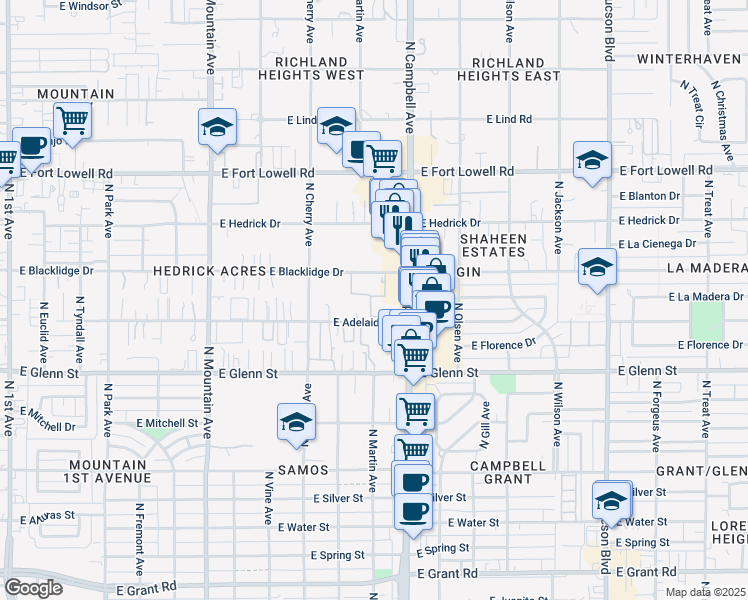 map of restaurants, bars, coffee shops, grocery stores, and more near 1810 East Blacklidge Drive in Tucson