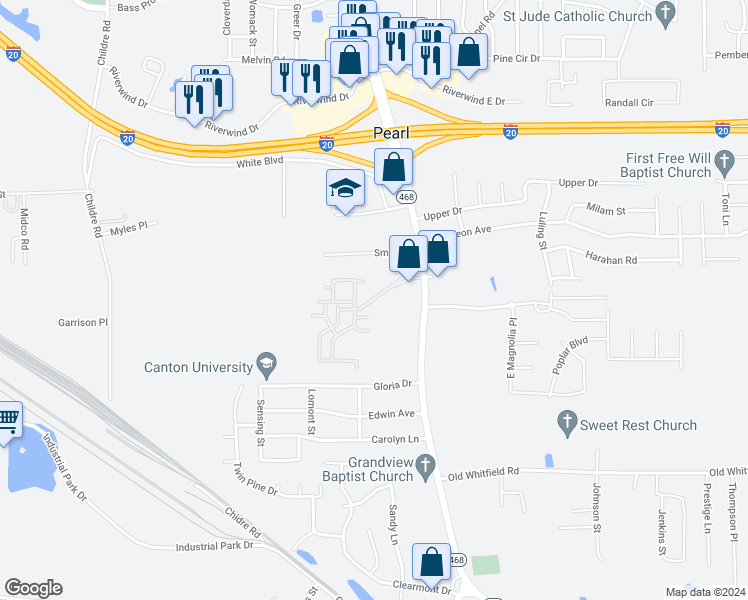 map of restaurants, bars, coffee shops, grocery stores, and more near 1223 Colony Park Drive in Pearl