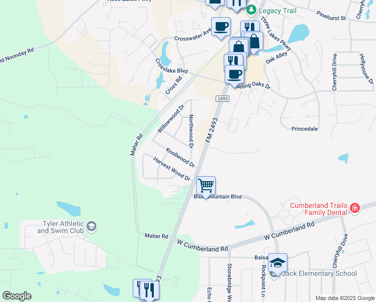 map of restaurants, bars, coffee shops, grocery stores, and more near 10757 Pinewood Drive in Tyler