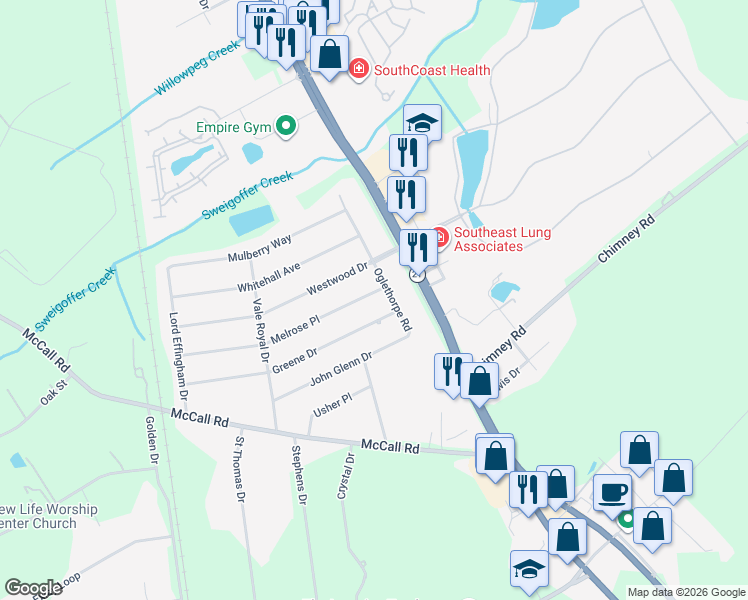 map of restaurants, bars, coffee shops, grocery stores, and more near 106 Melrose Place in Rincon