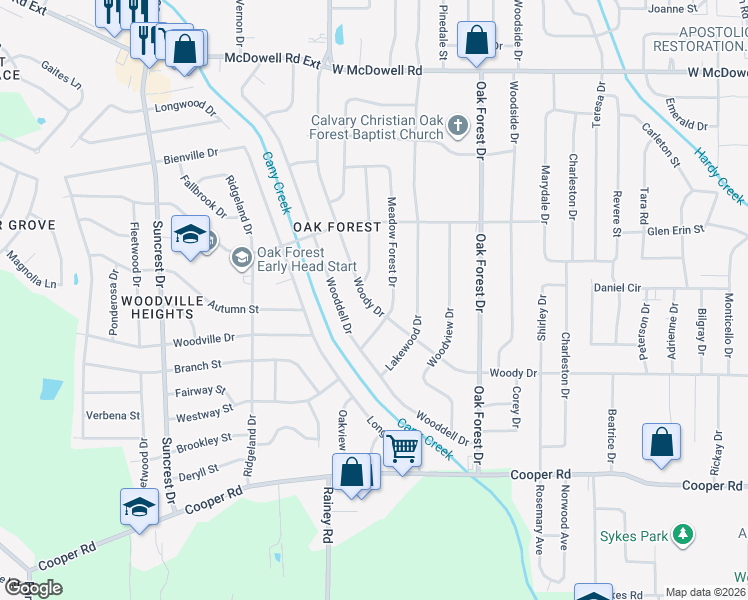map of restaurants, bars, coffee shops, grocery stores, and more near 1340 Woody Drive in Jackson
