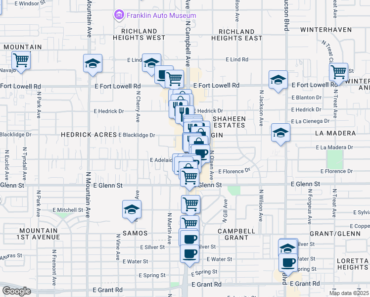 map of restaurants, bars, coffee shops, grocery stores, and more near 2937 North Campbell Avenue in Tucson