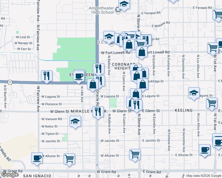 map of restaurants, bars, coffee shops, grocery stores, and more near 224 North Balboa Avenue in Tucson