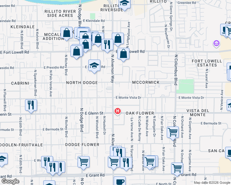map of restaurants, bars, coffee shops, grocery stores, and more near 2950 North Alvernon Way in Tucson