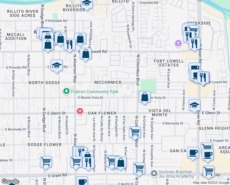 map of restaurants, bars, coffee shops, grocery stores, and more near 2928 North Cardell Circle in Tucson