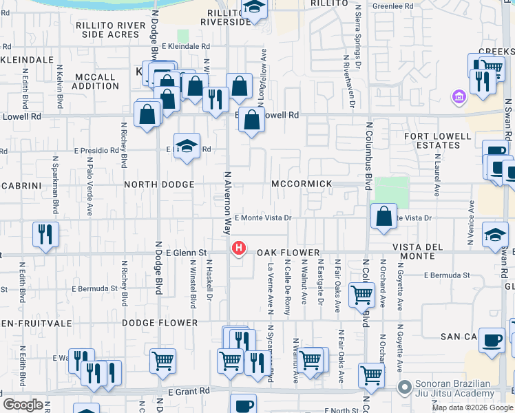 map of restaurants, bars, coffee shops, grocery stores, and more near 3961 East Monte Vista Drive in Tucson