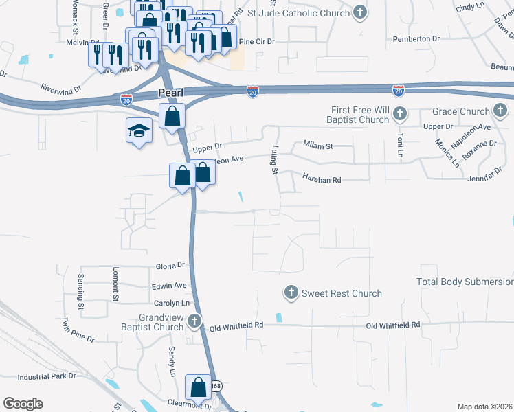 map of restaurants, bars, coffee shops, grocery stores, and more near 105 River Ridge Pkwy in Pearl