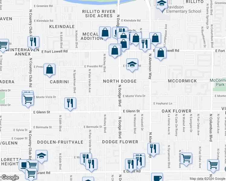 map of restaurants, bars, coffee shops, grocery stores, and more near 2933 North Dodge Boulevard in Tucson