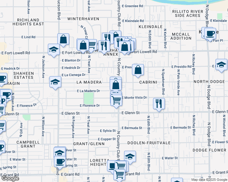 map of restaurants, bars, coffee shops, grocery stores, and more near 2941 East La Madera Drive in Tucson