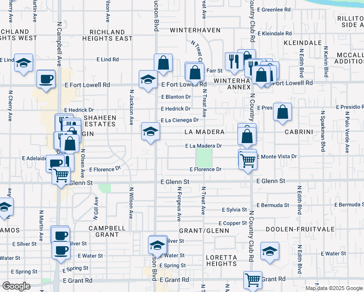 map of restaurants, bars, coffee shops, grocery stores, and more near 2617 East La Madera Drive in Tucson