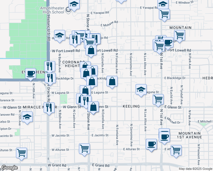 map of restaurants, bars, coffee shops, grocery stores, and more near 2931 North Estrella Avenue in Tucson