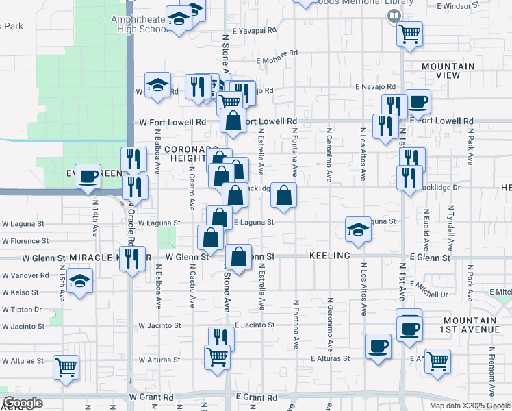 map of restaurants, bars, coffee shops, grocery stores, and more near 2931 North Estrella Avenue in Tucson