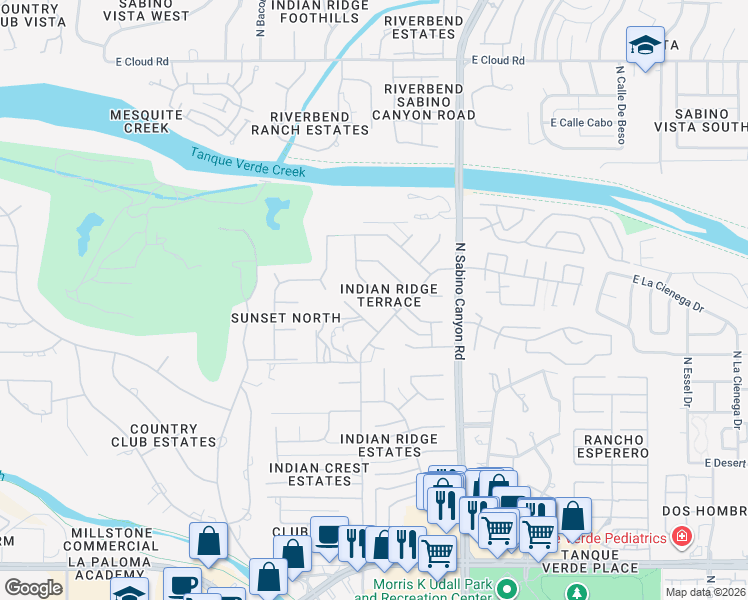map of restaurants, bars, coffee shops, grocery stores, and more near 6965 East Blue Lake Drive in Tucson