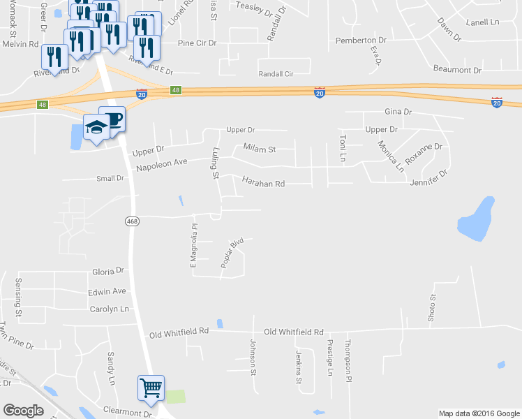 map of restaurants, bars, coffee shops, grocery stores, and more near 100 River Ridge Court in Pearl