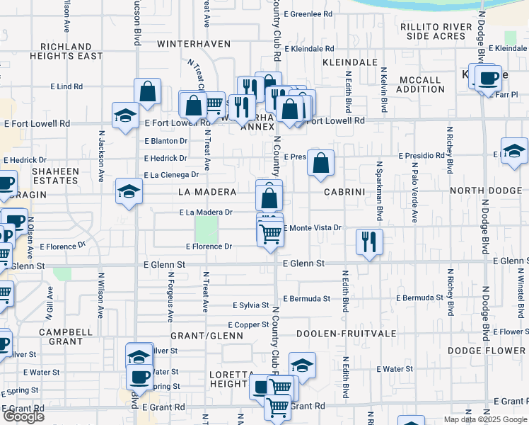map of restaurants, bars, coffee shops, grocery stores, and more near 2941 East La Madera Drive in Tucson