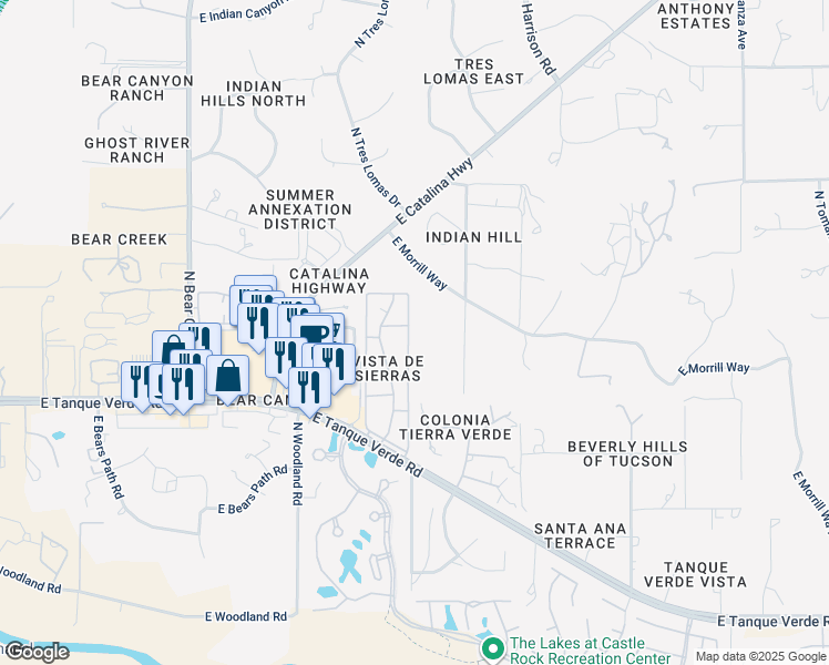 map of restaurants, bars, coffee shops, grocery stores, and more near 9350 East Morrill Way in Tucson