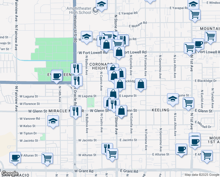 map of restaurants, bars, coffee shops, grocery stores, and more near 2933 North Stone Avenue in Tucson