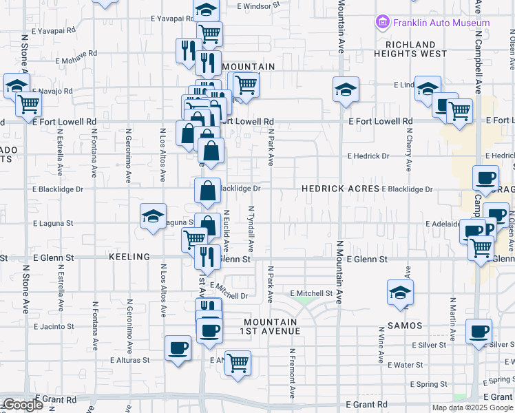map of restaurants, bars, coffee shops, grocery stores, and more near 2936 N Tyndall Ave in Tucson