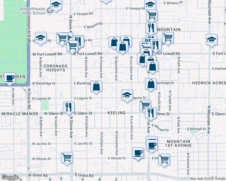 map of restaurants, bars, coffee shops, grocery stores, and more near 2921 North Geronimo Avenue in Tucson
